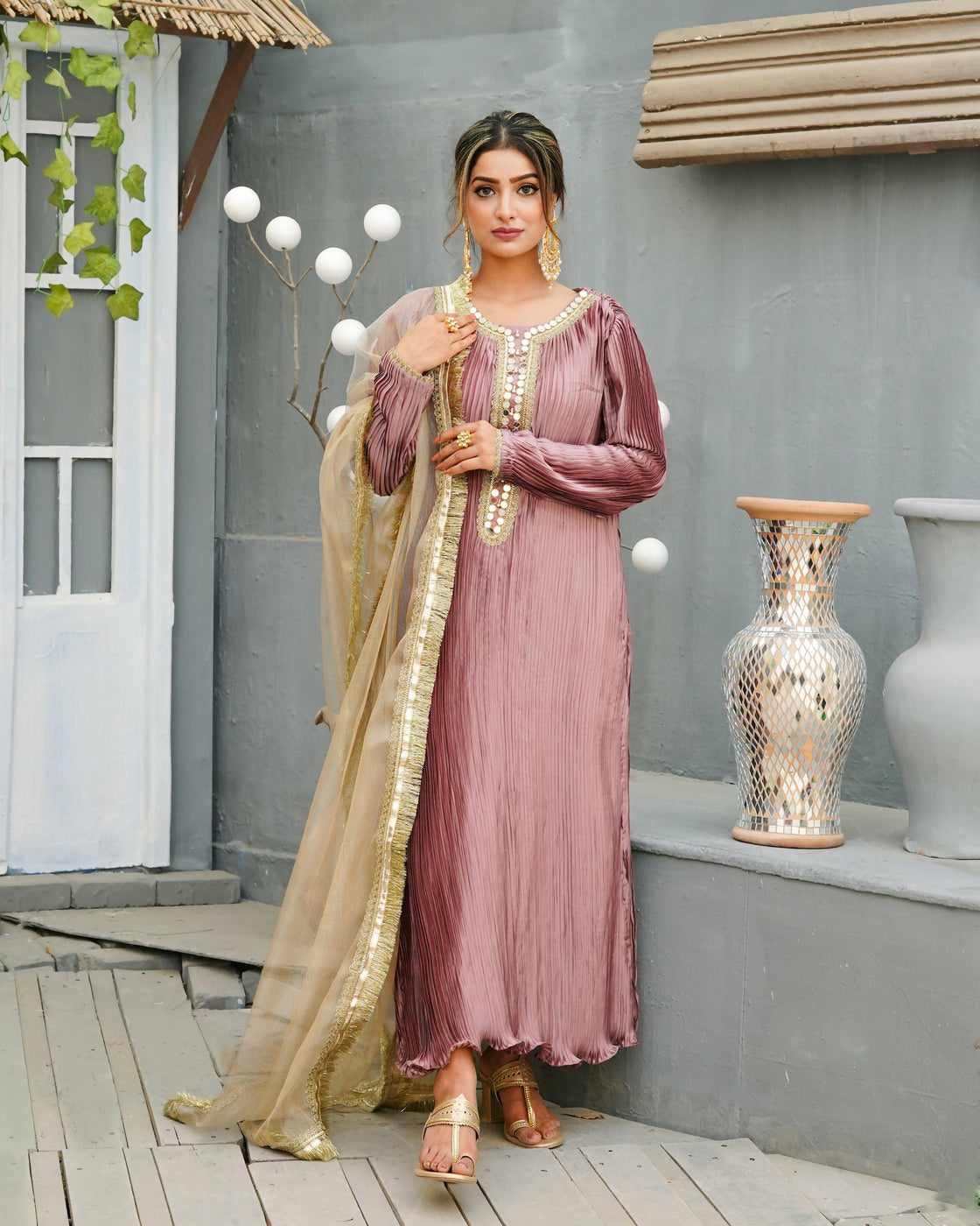 Royal Mauve Pleated Silk 3-Piece Suit with Zari Net Dupatta For Women