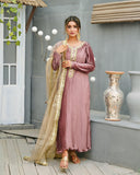 Royal Mauve Pleated Silk 3-Piece Suit with Zari Net Dupatta For Women