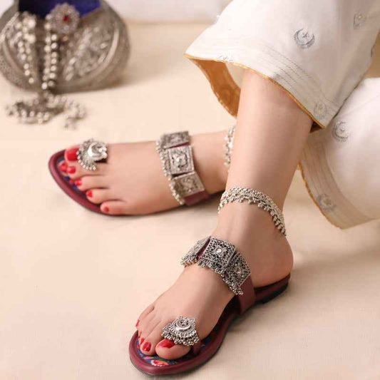Jhumka Jewel Sandals – Multicolor Faux-Leather with Silver Filigree & Velvet Insole For Women