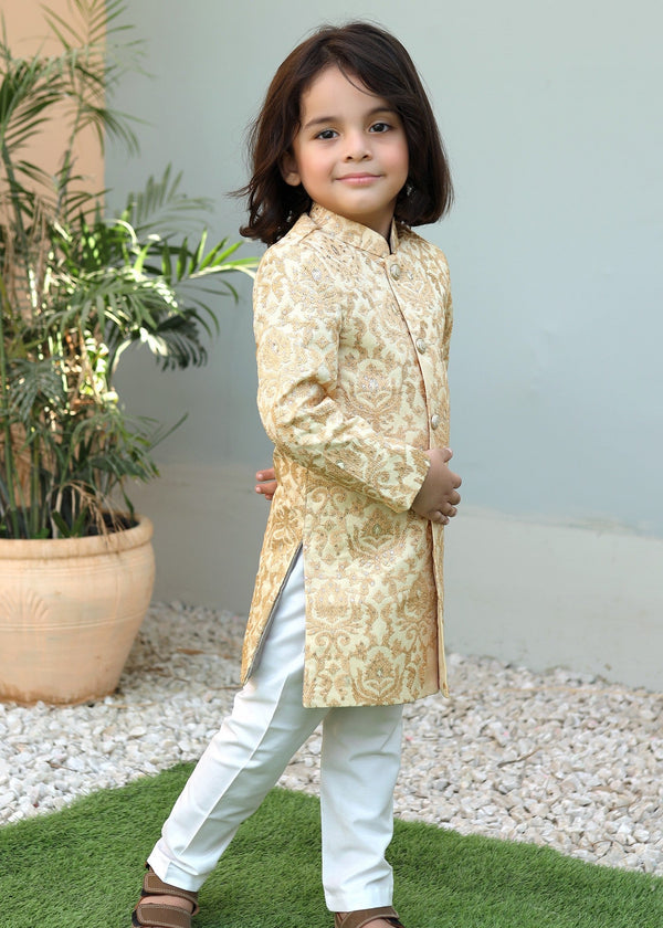 Cream Goldenrod Sherwani – Elegant Wedding Wear for Boys
