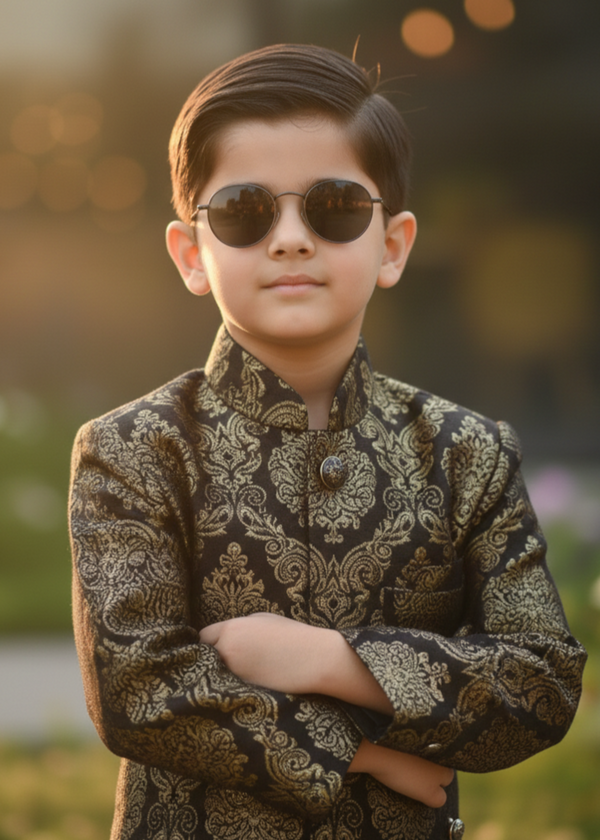 Black & Gold Jamawar Sherwani – Royal Wedding Wear for Boys