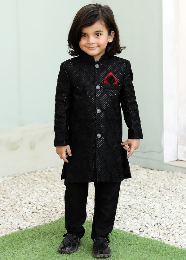 Caviar Black Raw Silk Sherwani – Royal Wedding Wear for Boys