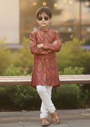 Maroon & Gold Jamawar Sherwani – Elegant Wedding Wear for Boys