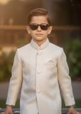 Cream White Jamawar Sherwani – Classic Wedding Wear for Boys