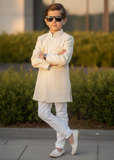 Off-White Jamawar Sherwani – Elegant Wedding Wear for Boys