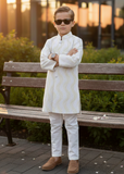 White Smoke Jamawar Sherwani – Elegant Wedding Wear for Boys