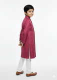 Cherry Red Jamawar Sherwani – Royal Wedding Wear for Boys