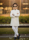 Pearl White Jamawar Sherwani – Classic Wedding Wear for Boys
