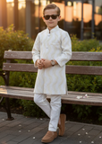 White Smoke Jamawar Sherwani – Elegant Wedding Wear for Boys