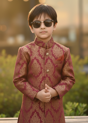 Maroon & Gold Jamawar Sherwani – Elegant Wedding Wear for Boys
