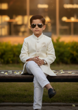 Pearl White Jamawar Sherwani – Classic Wedding Wear for Boys