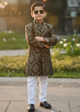 Black & Gold Jamawar Sherwani – Royal Wedding Wear for Boys