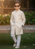 Cream White Jamawar Sherwani – Classic Wedding Wear for Boys