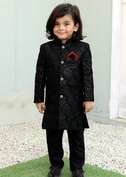 Caviar Black Raw Silk Sherwani – Royal Wedding Wear for Boys