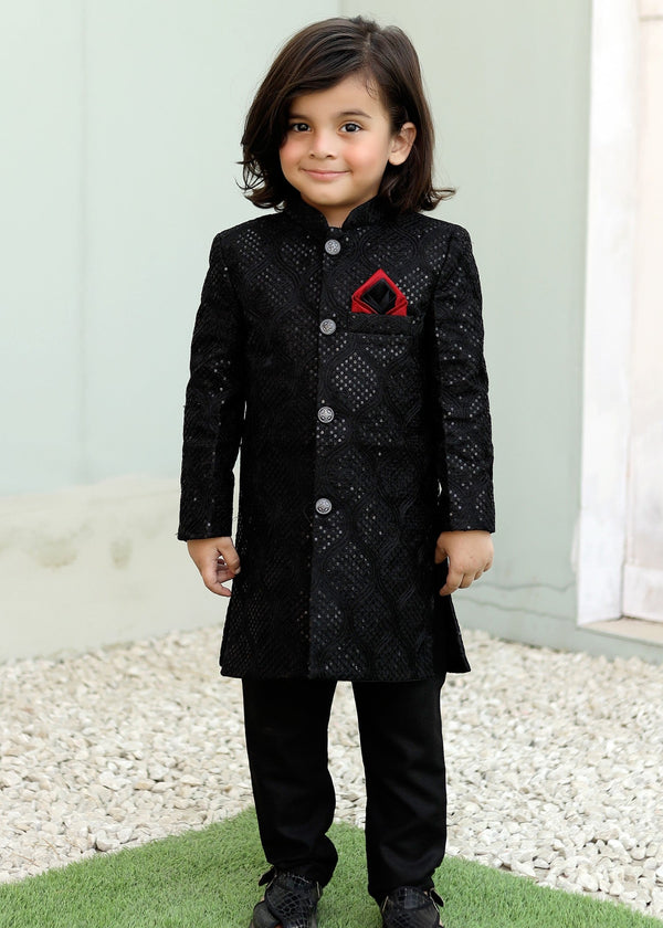 Caviar Black Raw Silk Sherwani – Royal Wedding Wear for Boys