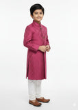 Cherry Red Jamawar Sherwani – Royal Wedding Wear for Boys