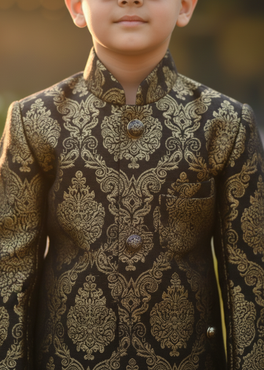 Black & Gold Jamawar Sherwani – Royal Wedding Wear for Boys