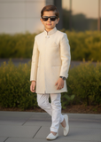 Off-White Jamawar Sherwani – Elegant Wedding Wear for Boys