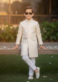Cream White Jamawar Sherwani – Classic Wedding Wear for Boys