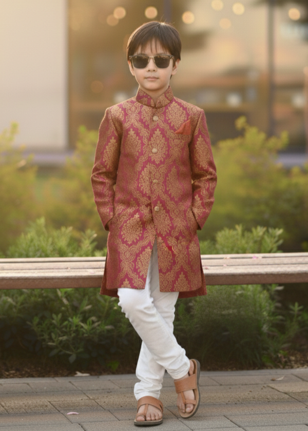 Maroon & Gold Jamawar Sherwani – Elegant Wedding Wear for Boys