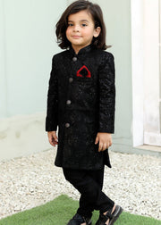 Caviar Black Raw Silk Sherwani – Royal Wedding Wear for Boys