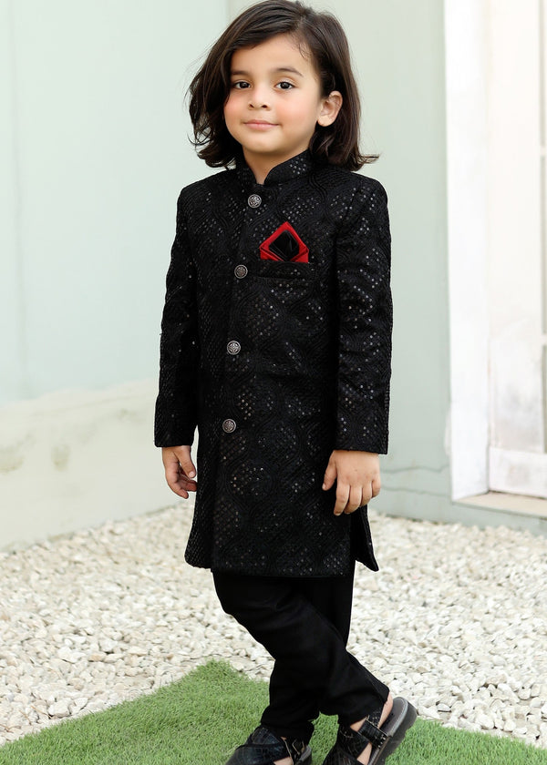 Caviar Black Raw Silk Sherwani – Royal Wedding Wear for Boys