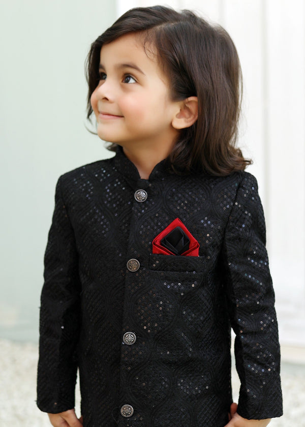 Caviar Black Raw Silk Sherwani – Royal Wedding Wear for Boys