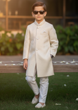 Cream White Jamawar Sherwani – Classic Wedding Wear for Boys