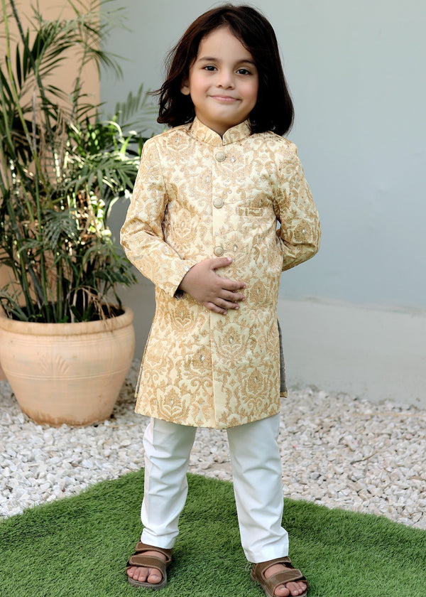 Cream Goldenrod Sherwani – Elegant Wedding Wear for Boys