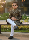 Black & Gold Jamawar Sherwani – Royal Wedding Wear for Boys