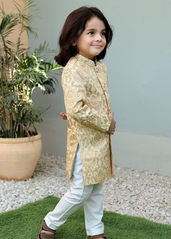 Cream Goldenrod Sherwani – Elegant Wedding Wear for Boys