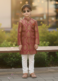 Maroon & Gold Jamawar Sherwani – Elegant Wedding Wear for Boys