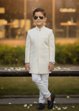 Pearl White Jamawar Sherwani – Classic Wedding Wear for Boys