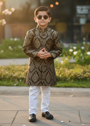 Black & Gold Jamawar Sherwani – Royal Wedding Wear for Boys