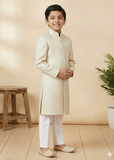 Cream Jamawar Sherwani – Classic Wedding Wear for Boys