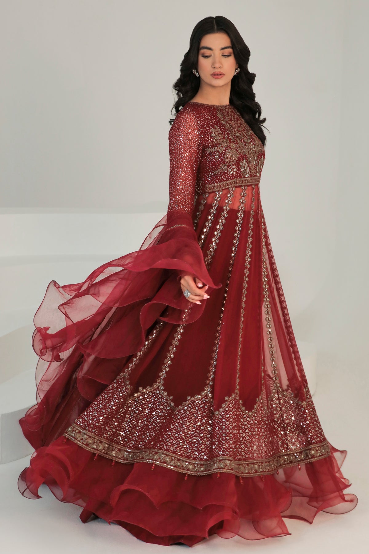 Maroon Glister Embroidered Unstitched Bridal Lehangas & Gararas For Women