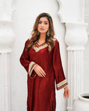 Royal Maroon Pleated Silk 3-Piece Suit with Golden Zari Net Dupatta For Women