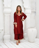 Royal Maroon Pleated Silk 3-Piece Suit with Golden Zari Net Dupatta For Women