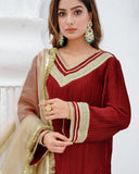 Royal Maroon Pleated Silk 3-Piece Suit with Golden Zari Net Dupatta For Women