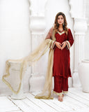 Royal Maroon Pleated Silk 3-Piece Suit with Golden Zari Net Dupatta For Women