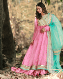Bahar Bano – 3 Piece Pink & Turquoise Embroidered Kalidaar Set For Women