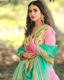 Bahar Bano – 3 Piece Pink & Turquoise Embroidered Kalidaar Set For Women