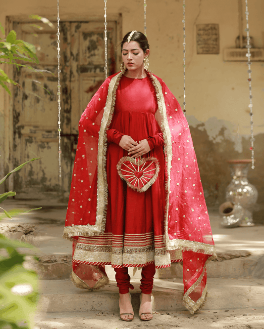 Gulkand – Deep Red Kalidar 3 Piece Suit For Women