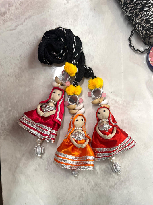 Multi Doll Hair Paranda – Handmade with Gota, Mirrors & Pompoms For KIds
