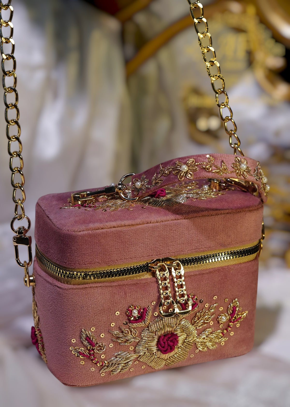 Hand-Embroidered Gold Rose Zardozi Clutch For Women