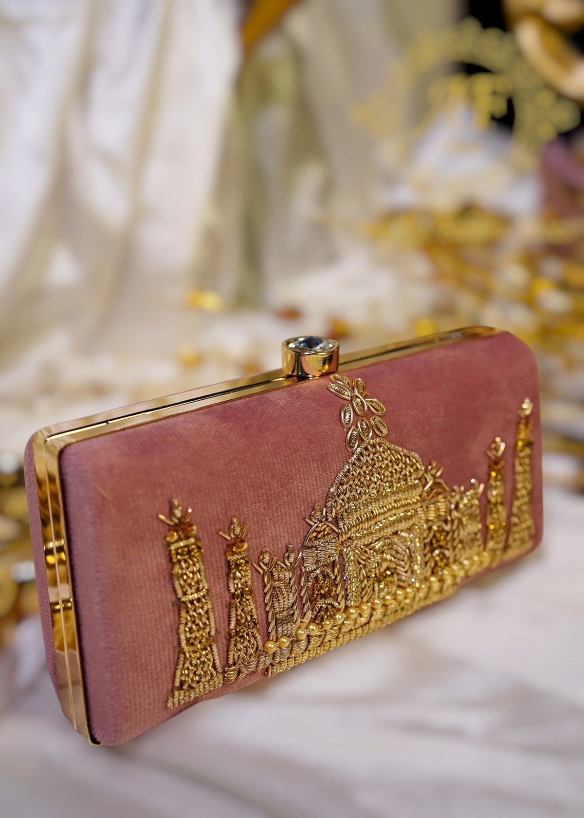Taj Mahal Hand-Embroidered Zardozi Clutch For Women