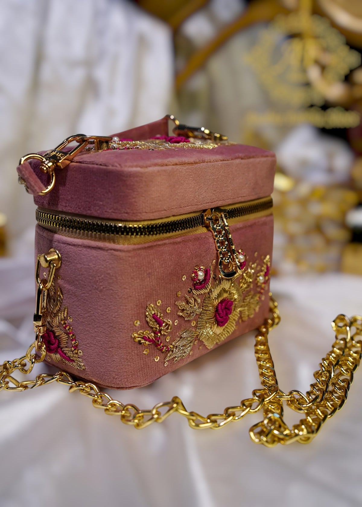 Hand-Embroidered Gold Rose Zardozi Clutch For Women