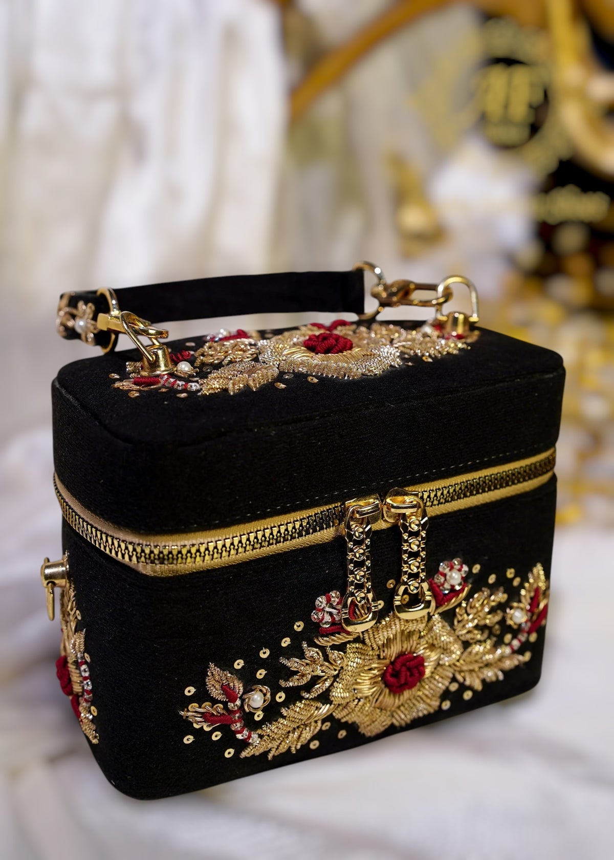 Hand-Embroidered Gold Rose Zardozi Clutch For Women