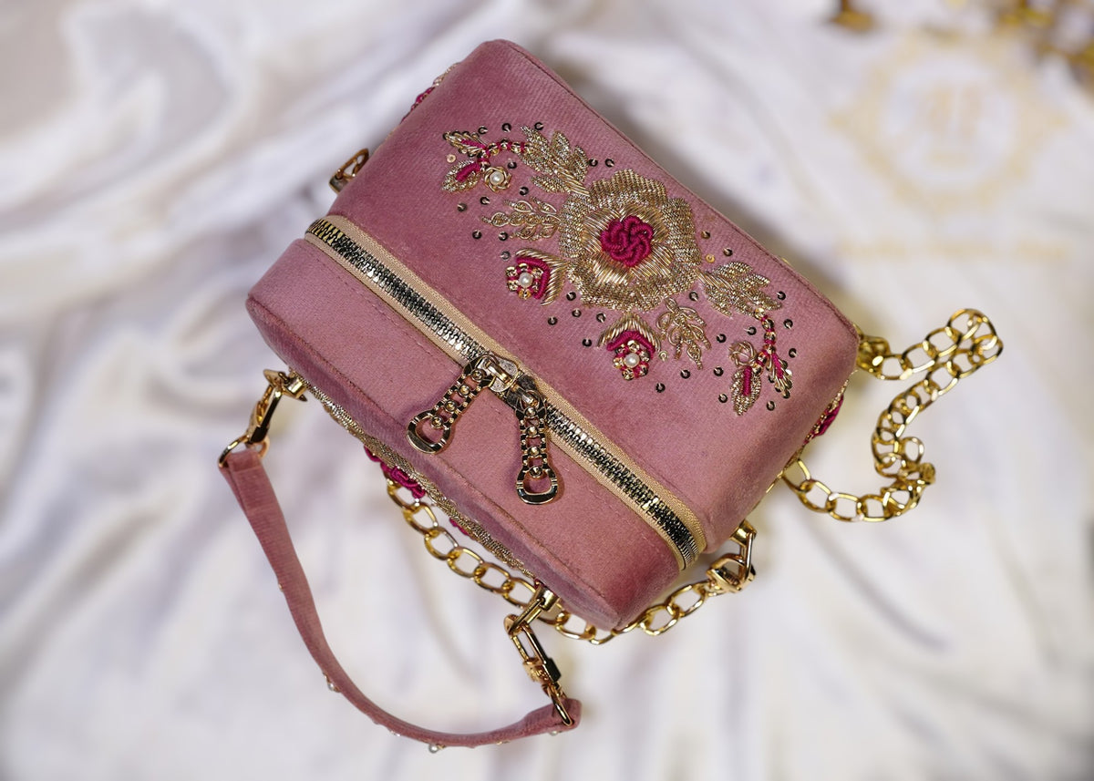 Hand-Embroidered Gold Rose Zardozi Clutch For Women