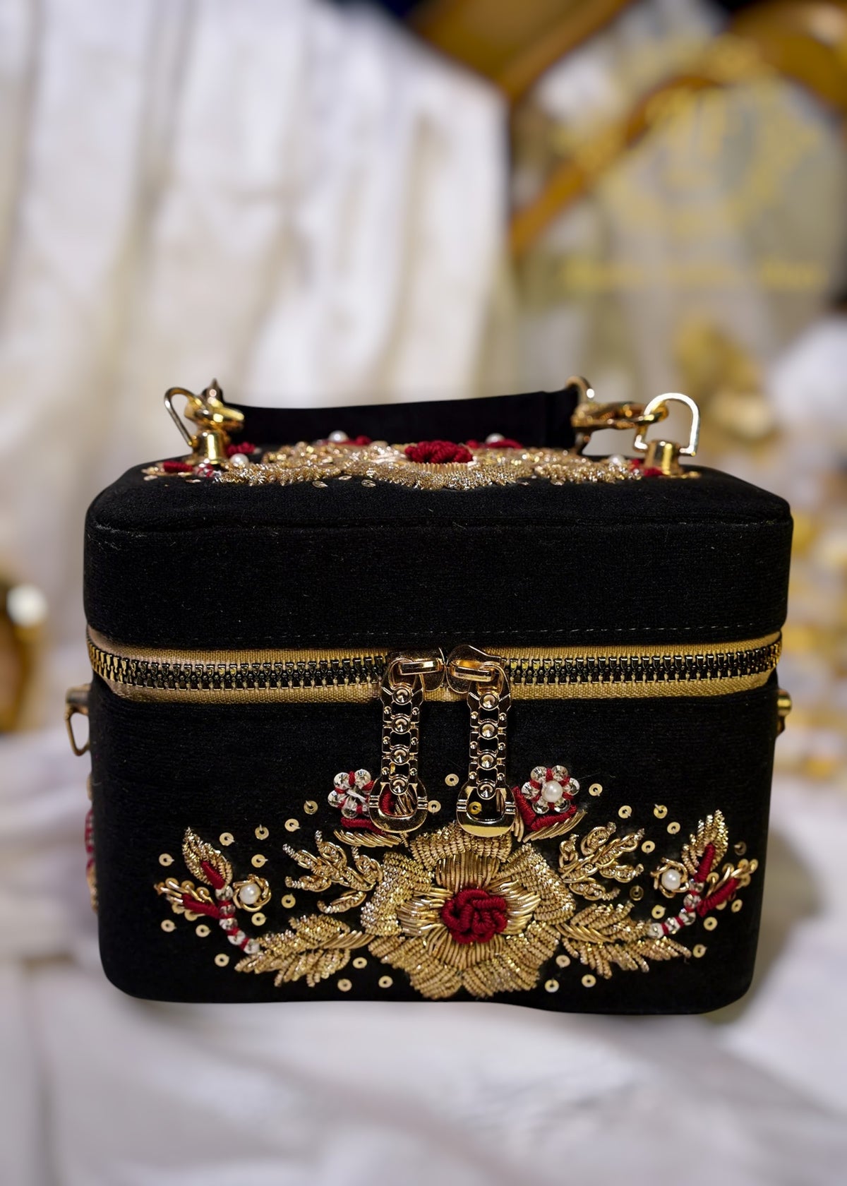 Hand-Embroidered Gold Rose Zardozi Clutch For Women
